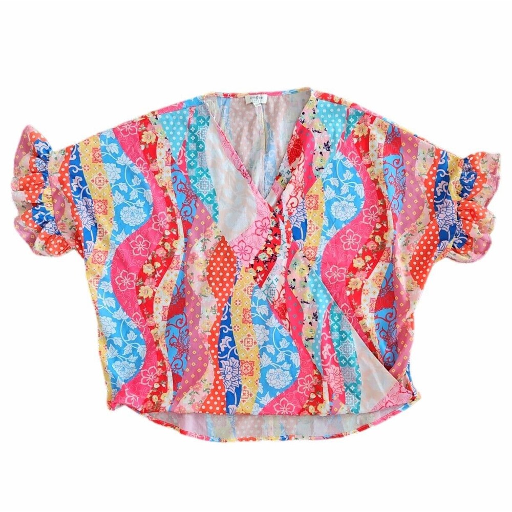 Umgee Blouse Women Small Multicolor Top Oversized Flowy Floral Short Sleeve Boho